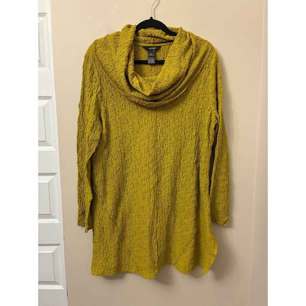 Ali Miles Mustard Yellow Crinkled Cowl Neck Lightweight Top Large Lagen Artsy